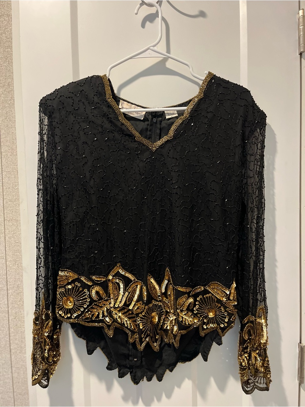 Laurence Kazar Black Sheer Blouse with Gold Beaded Floral Trim